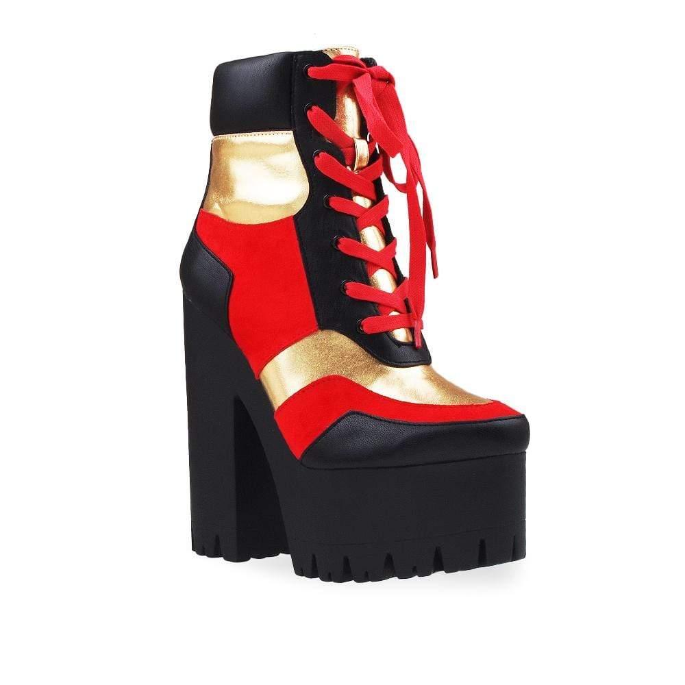 Black platform women's block heel boots with red lace up-corner view