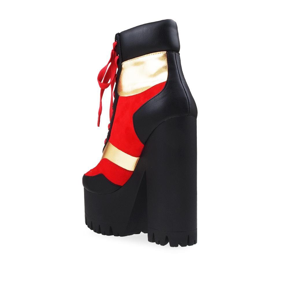 Black platform women's block heel boots with red lace up-posterior view