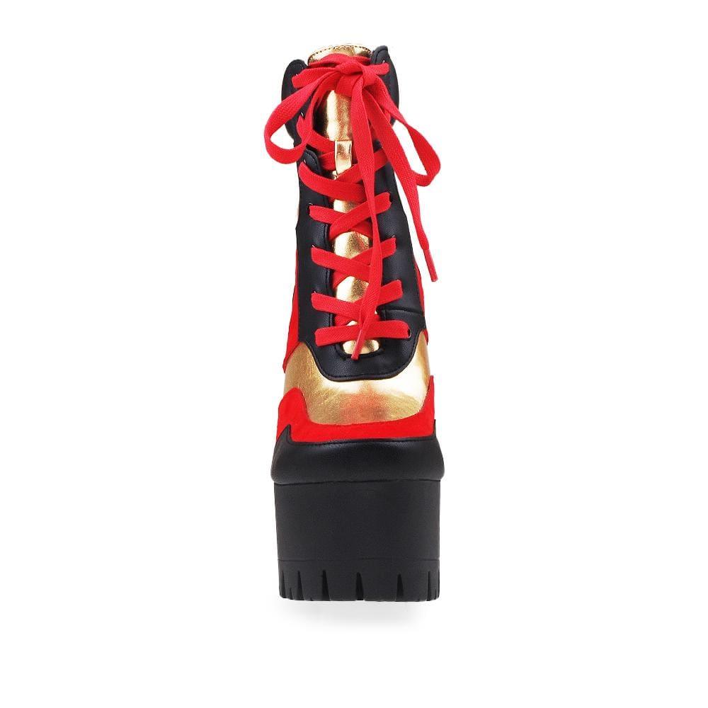 Black platform women's block heel boots with red lace up-front view