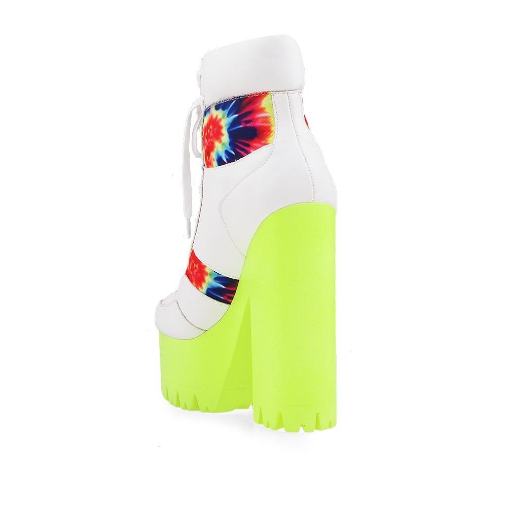 Neon yellow platform women's block heel boots with white lace up-posterior view