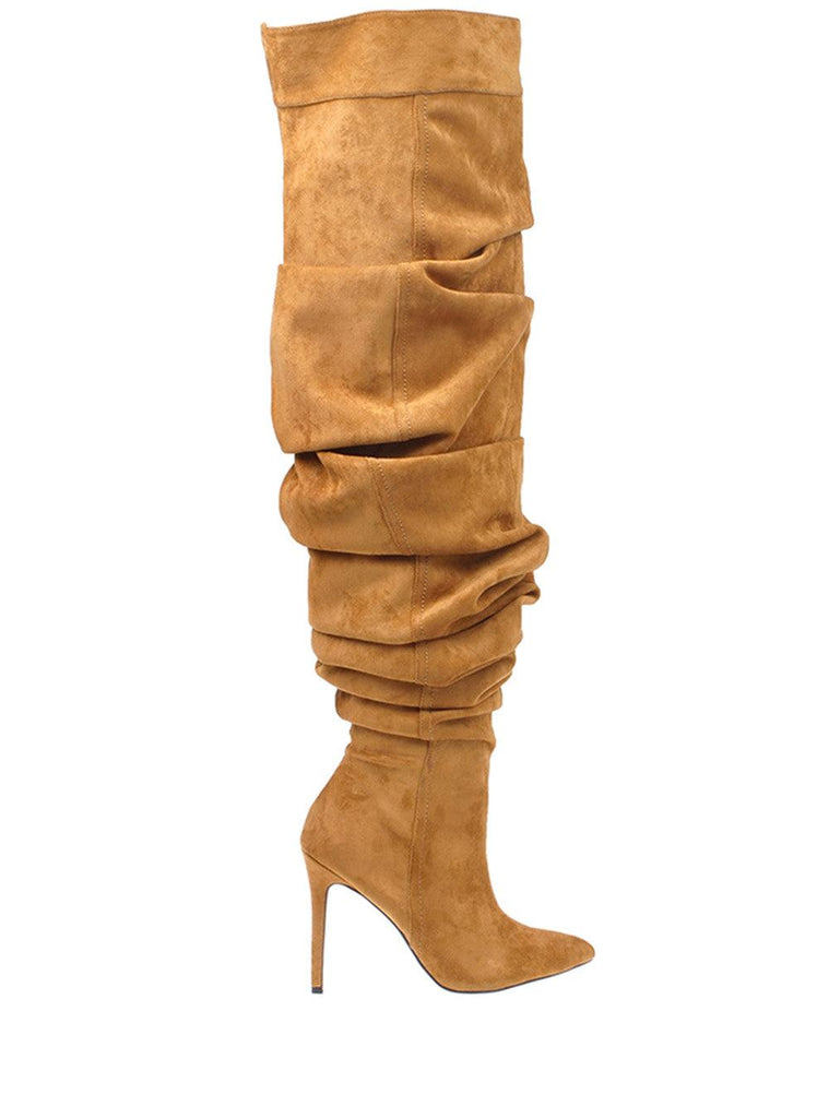 Cognac coloured suede thigh high women's boots with heel-side view