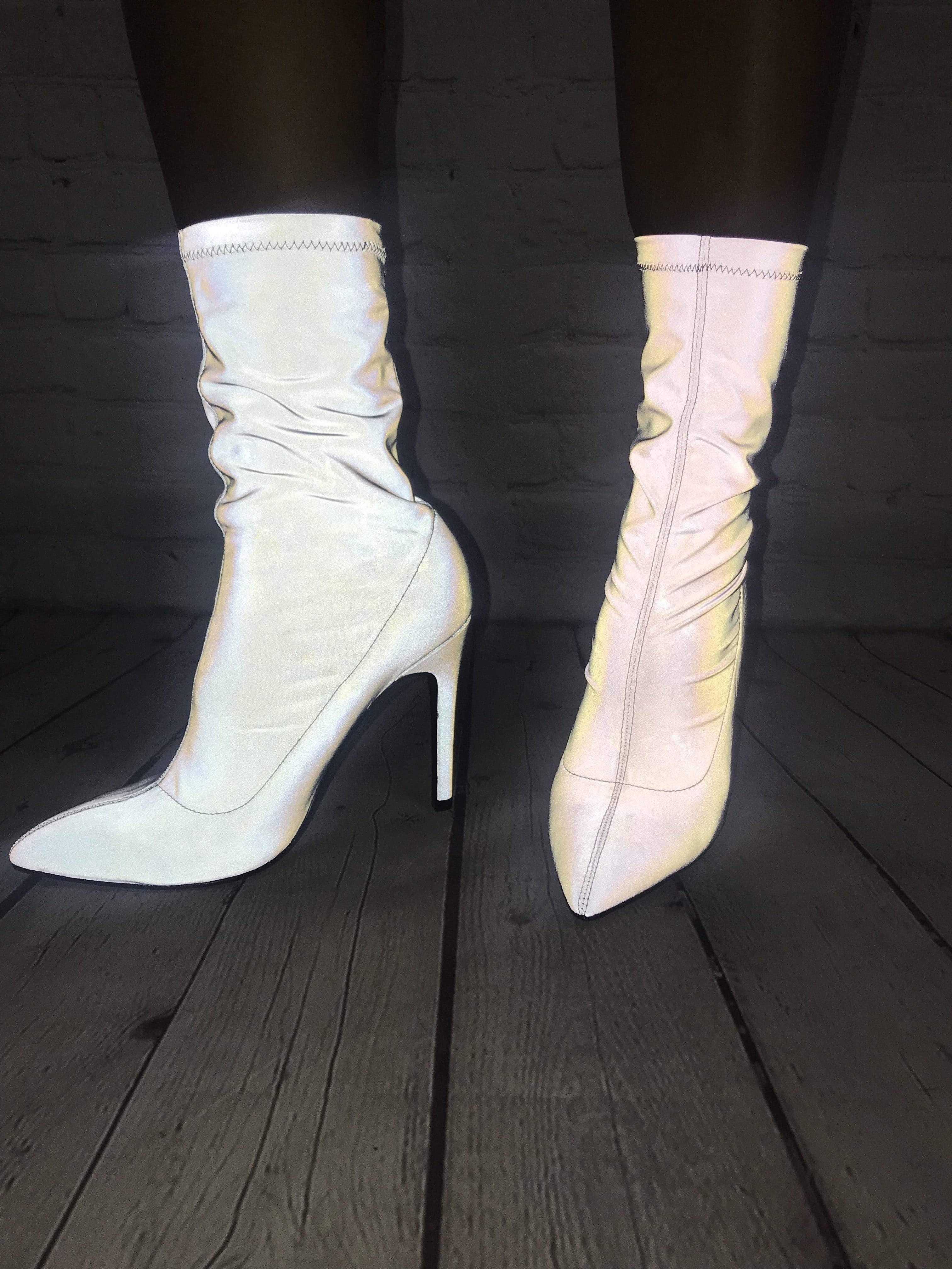 Women's silver ankle boot shoes with a back zipper