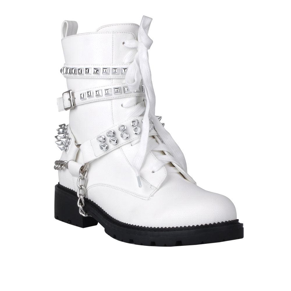 Women's white-colored ankle boots with silver metallic studs and chains-corner view