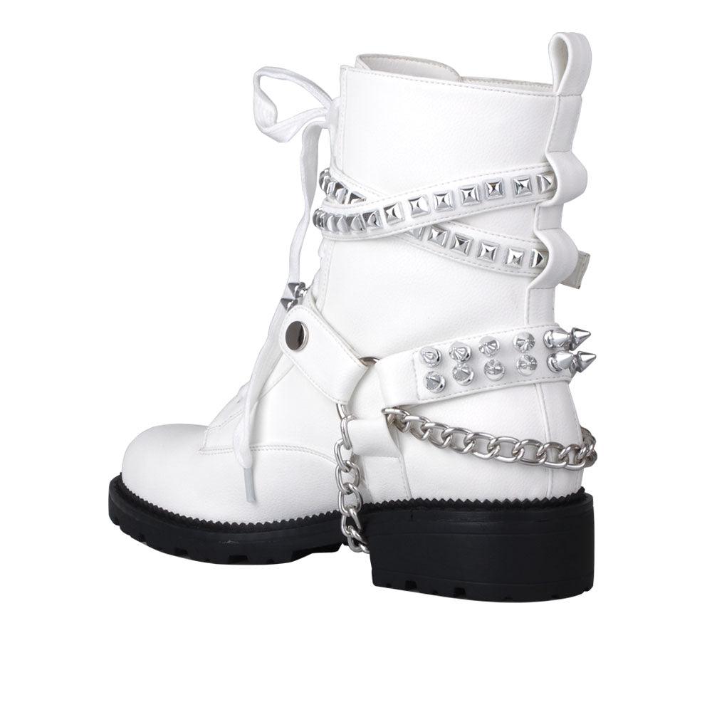 Women's white-colored ankle boots with silver metallic studs and chains-posterior view