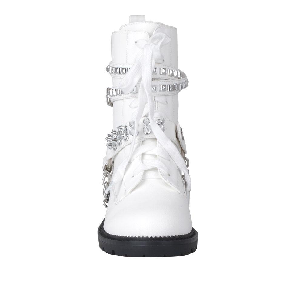 Women's white-colored ankle boots with silver metallic studs and chains-front view