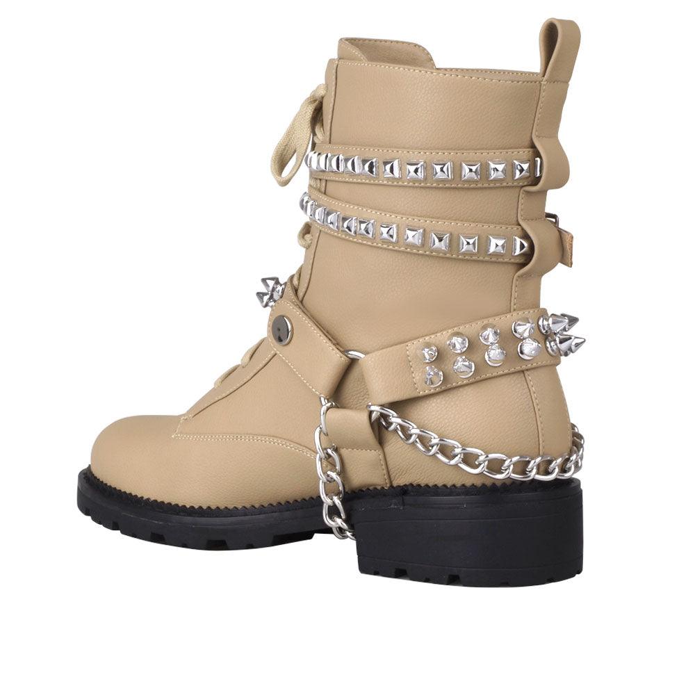 Taupe-colored ankle boots for women with silver metallic studs and chains-posterior view