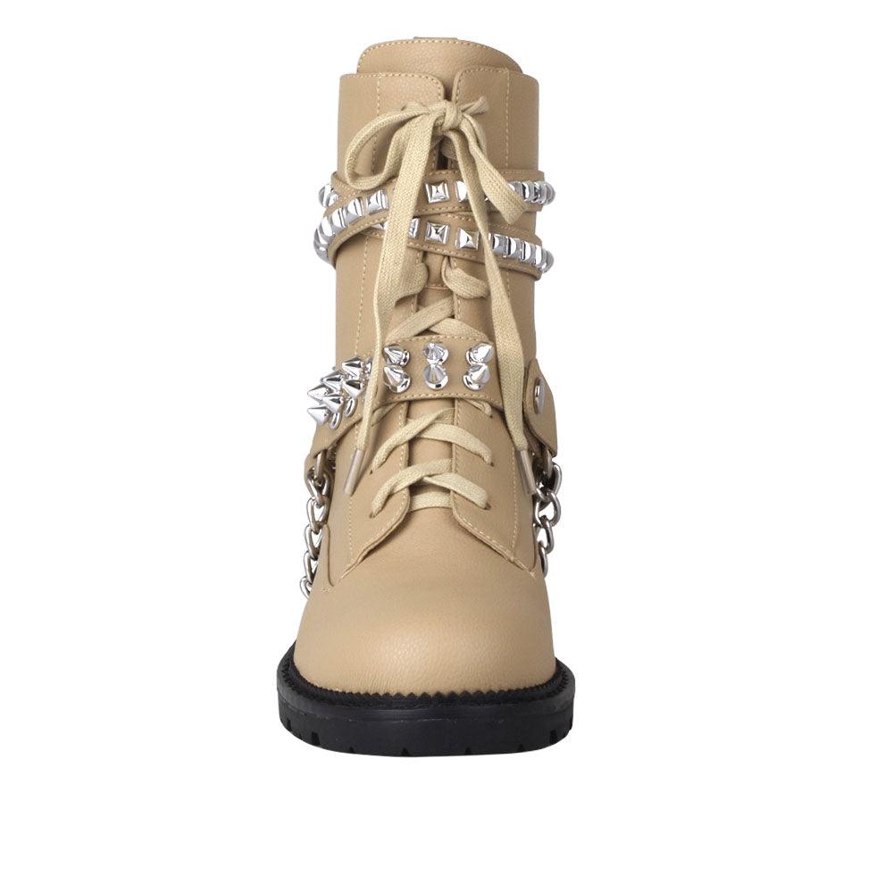 Taupe-colored ankle boots for women with silver metallic studs and chains-front view