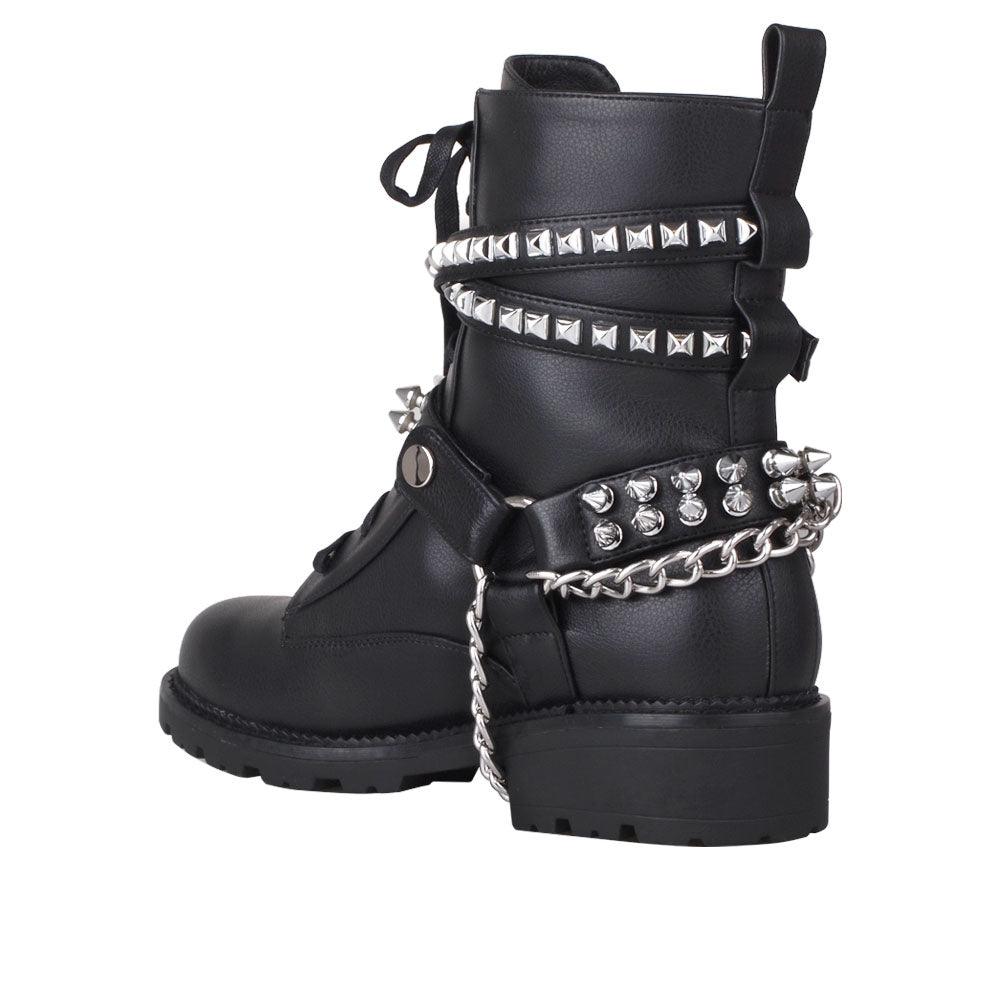 Women's black-colored ankle boots with metallic chain and studs-posterior view