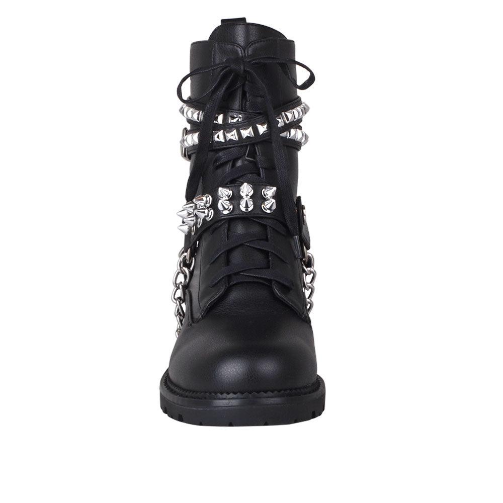 Women's black-colored ankle boots with metallic chain and studs-front view