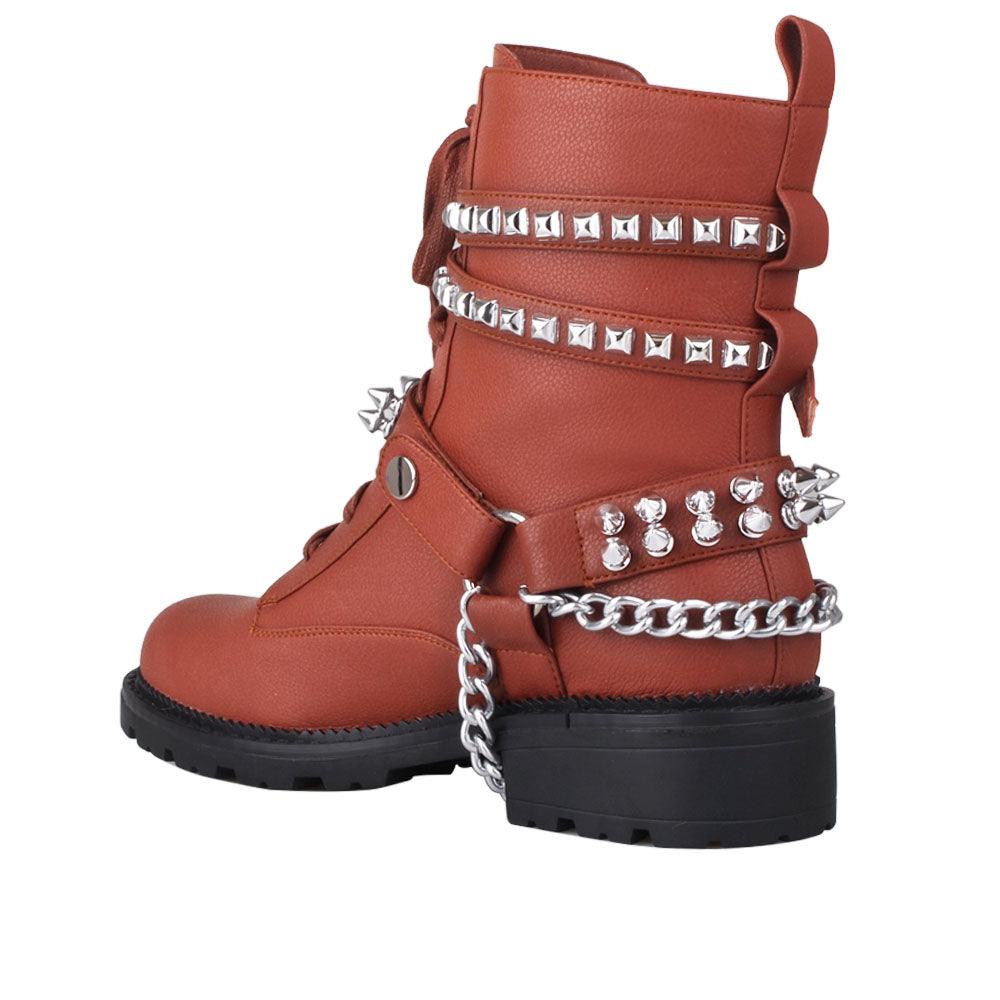 Brown-colored ankle boots for women with metallic studs and chains-posterior view
