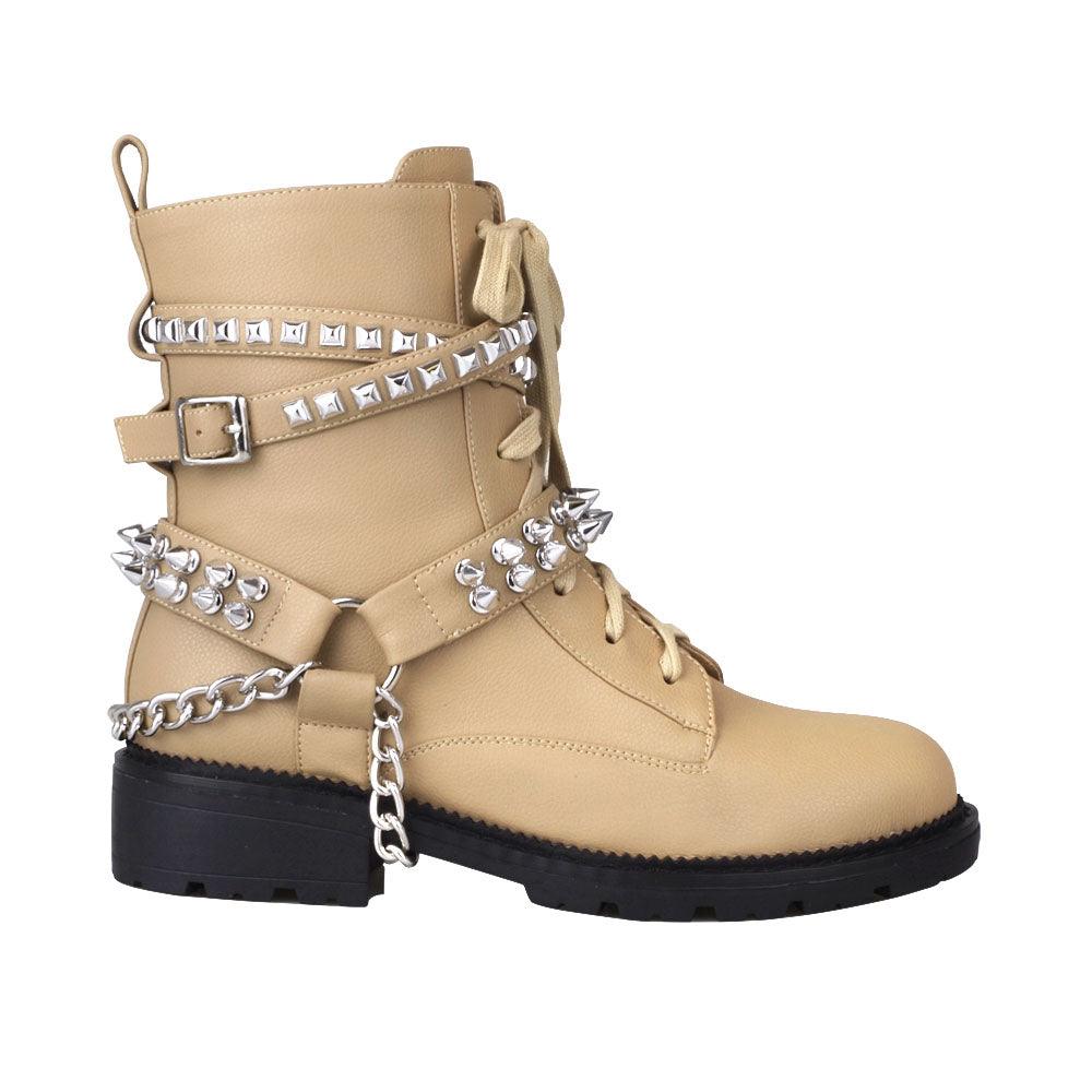 Taupe-colored ankle boots for women with silver metallic studs and chains-side view