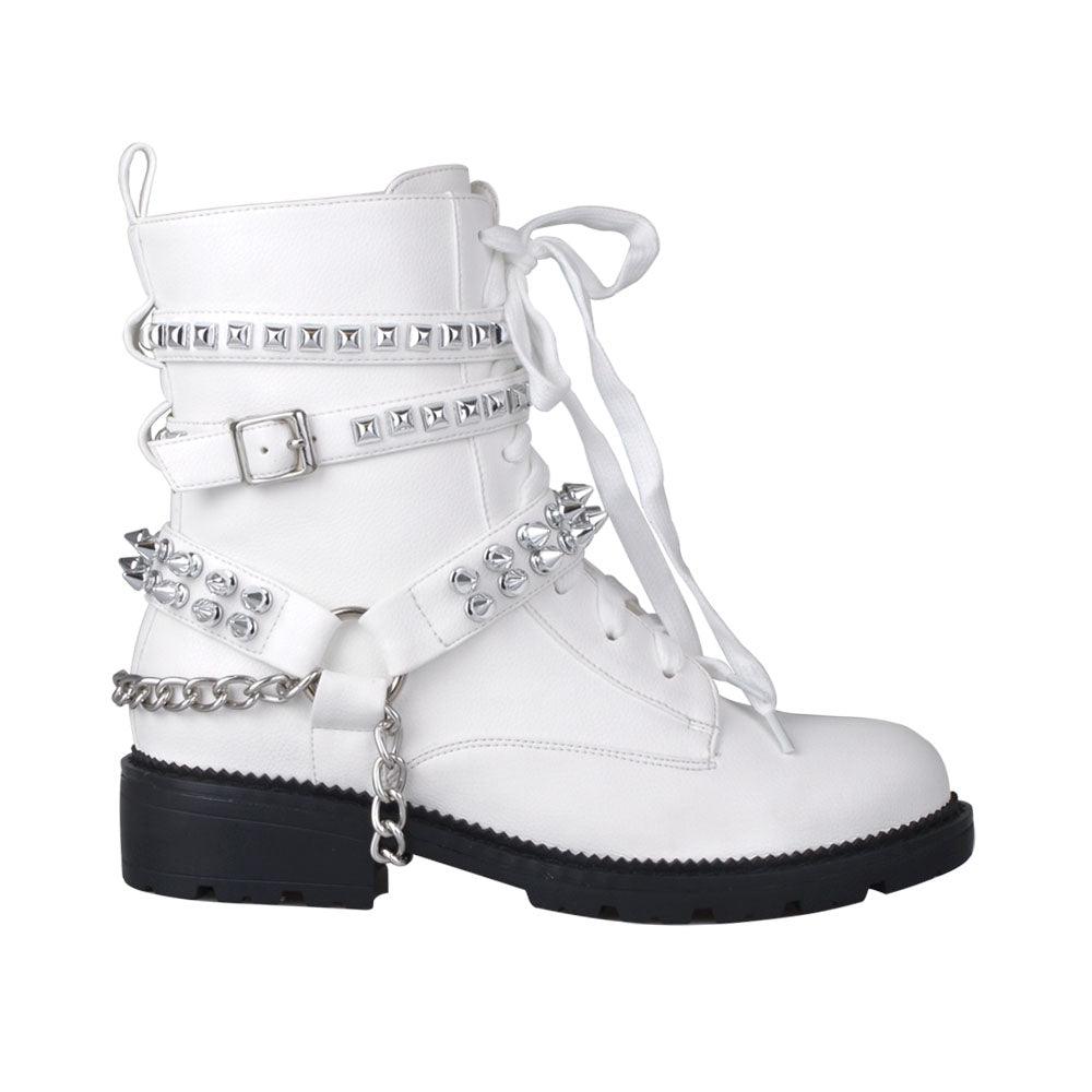 Women's white-colored ankle boots with silver metallic studs and chains-side view