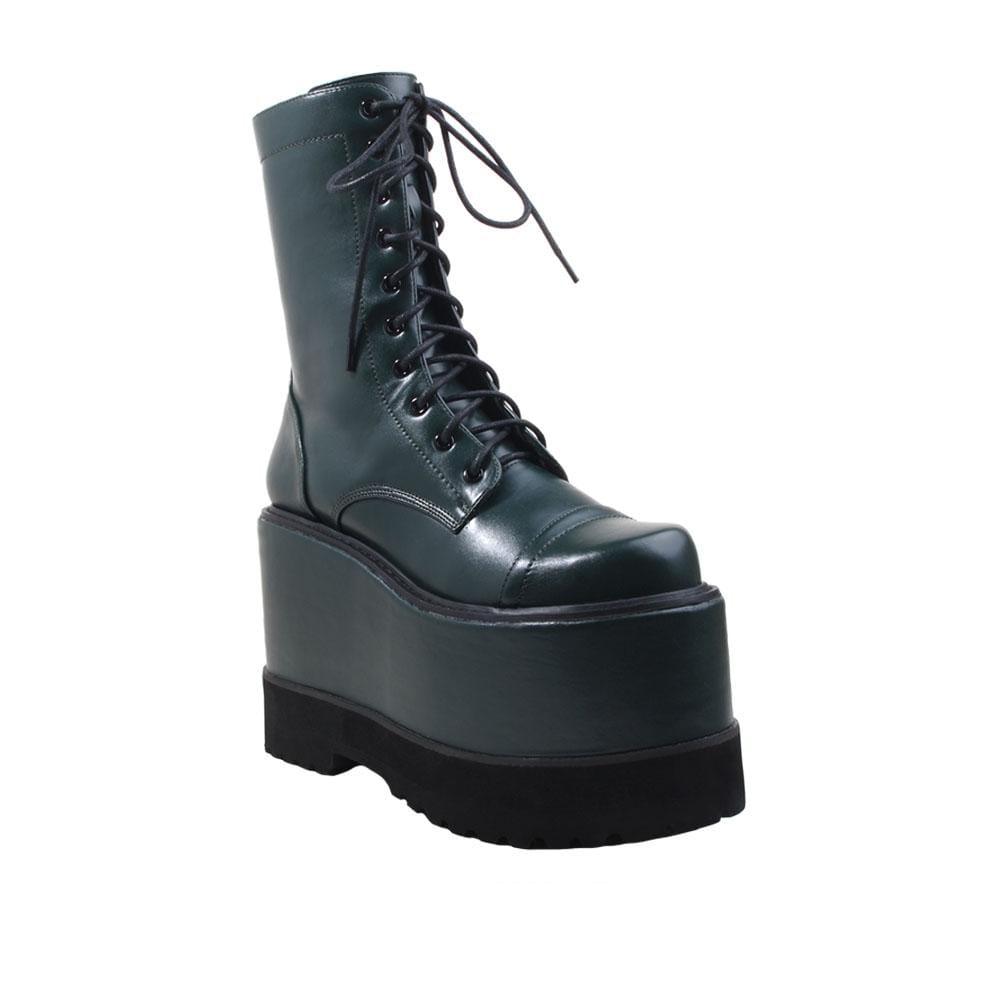 Olive colored women platform booties-corner view