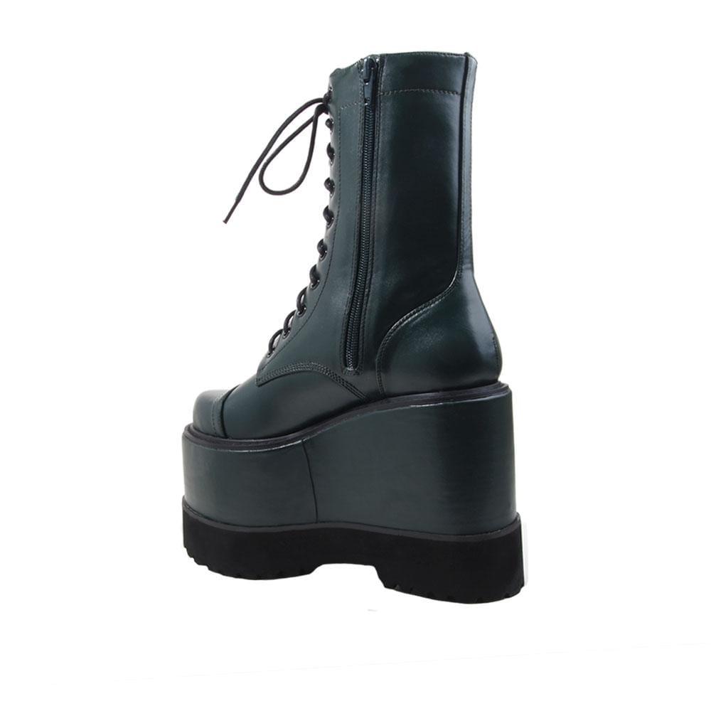 Olive colored women platform booties-posterior view