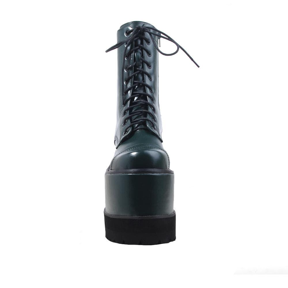 Olive colored women platform booties-front view