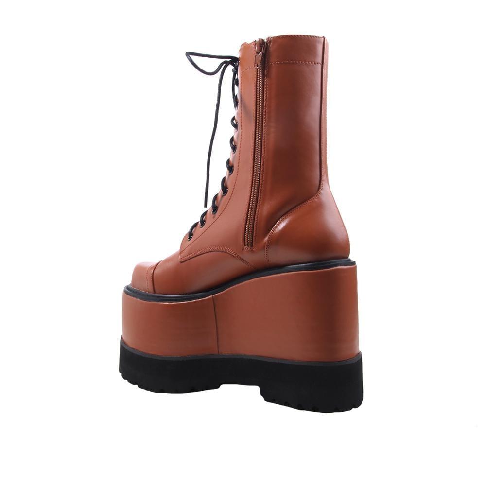 Brown colored women platform booties-posterior view