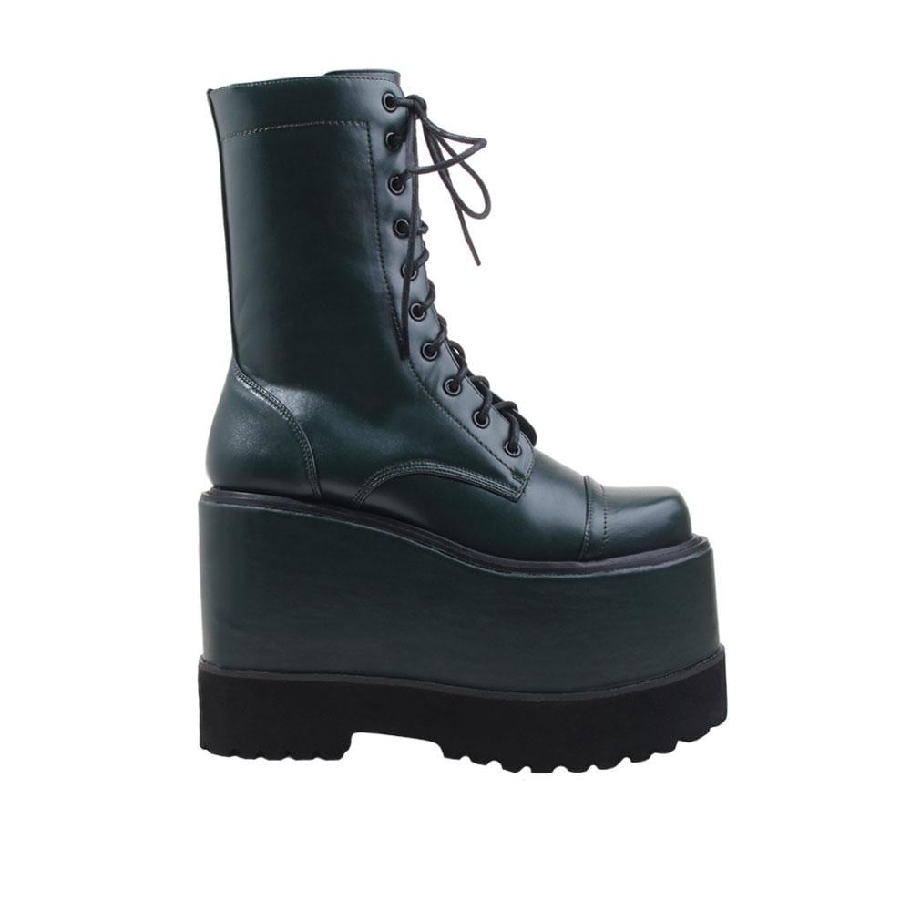 Olive colored women platform booties-side view