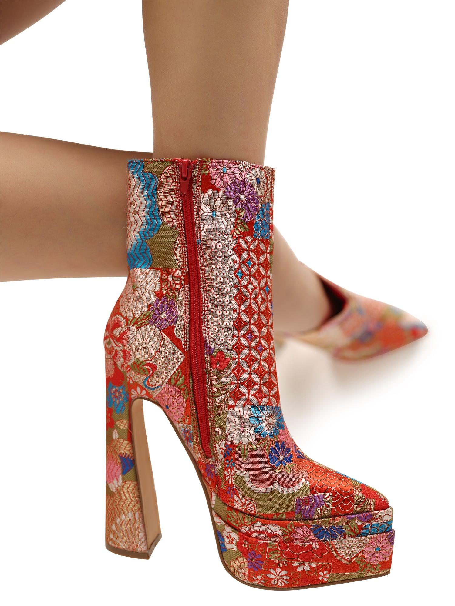 Red shaded floral women booties