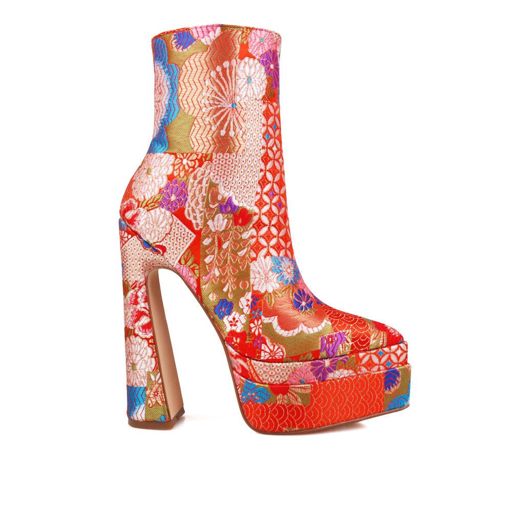 Red shaded floral women booties - side view