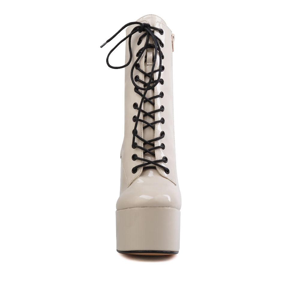 Vegan leather women's block heel with lace front in bone-front view