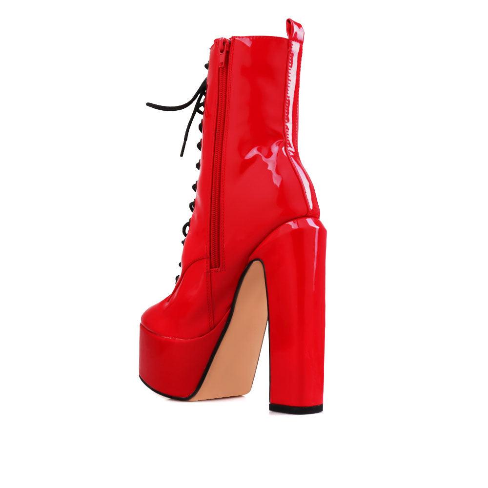 Vegan leather women's block heel with lace front in red-posterior view