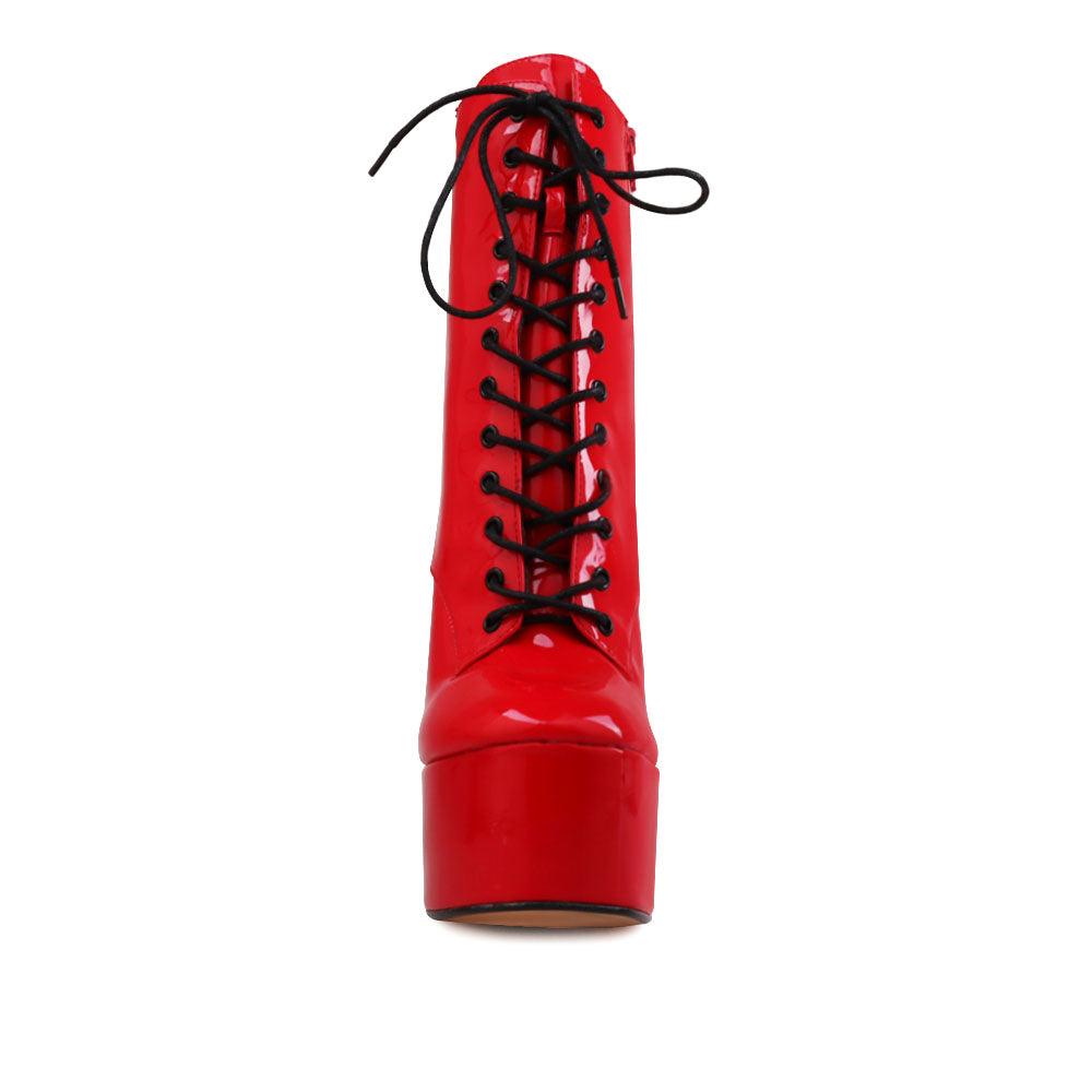 Vegan leather women's block heel with lace front in red-front view