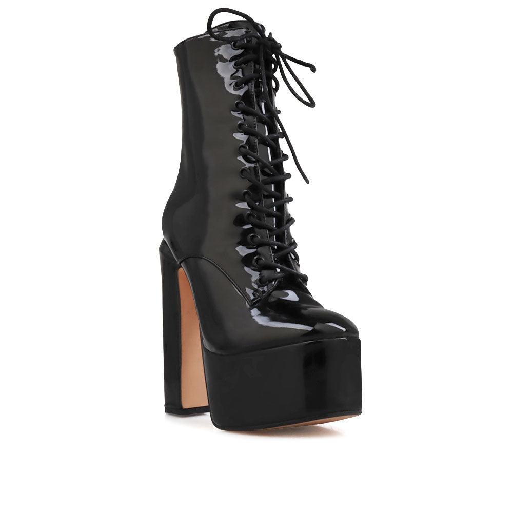 Vegan leather women's block heel with lace front in black-corner view
