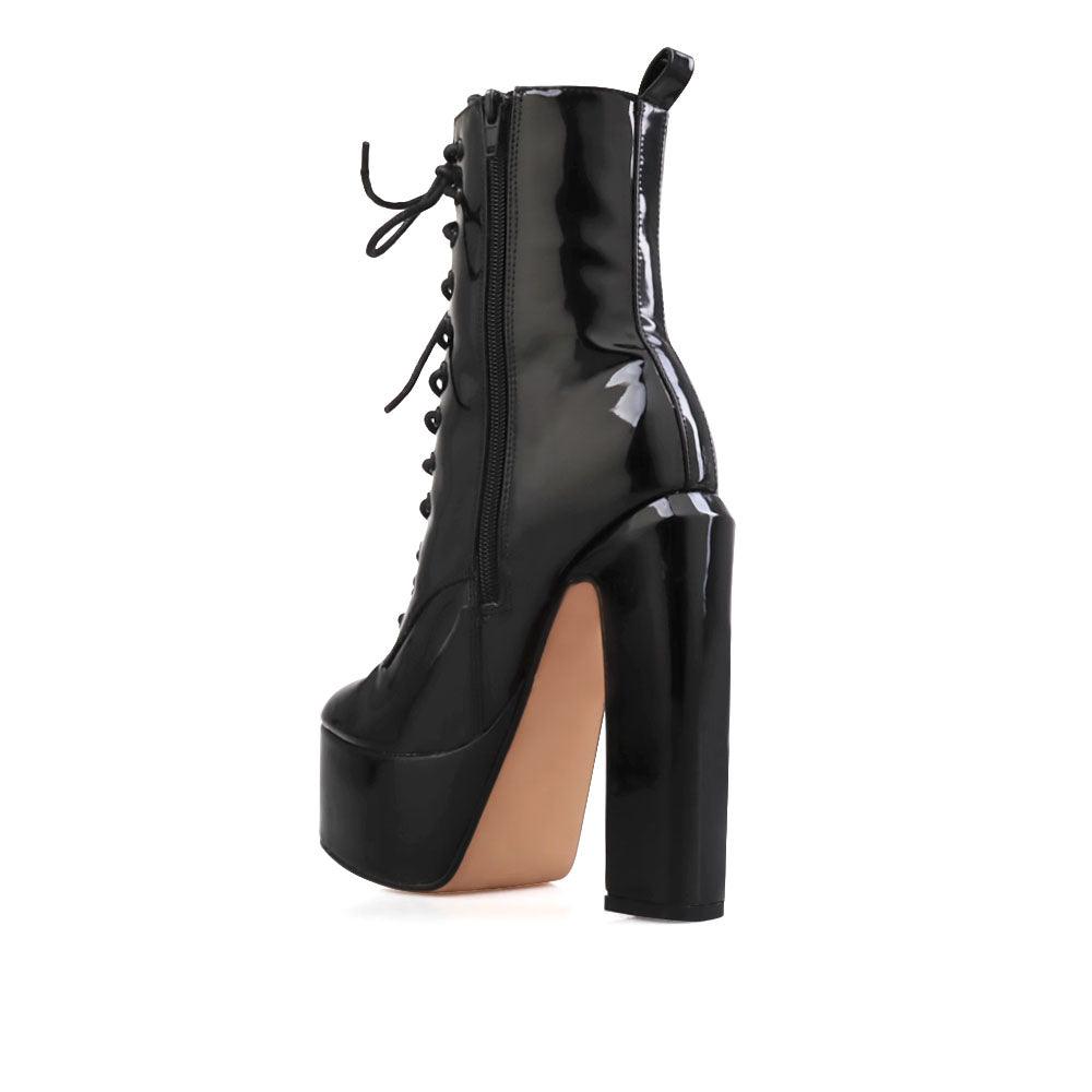 Vegan leather women's block heel with lace front in black-posterior view