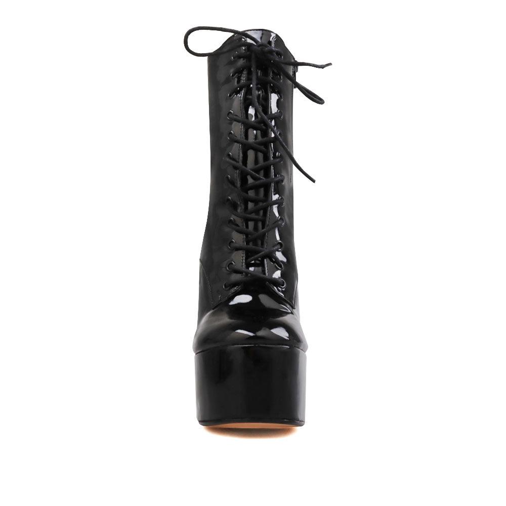 Vegan leather women's block heel with lace front in black-front view