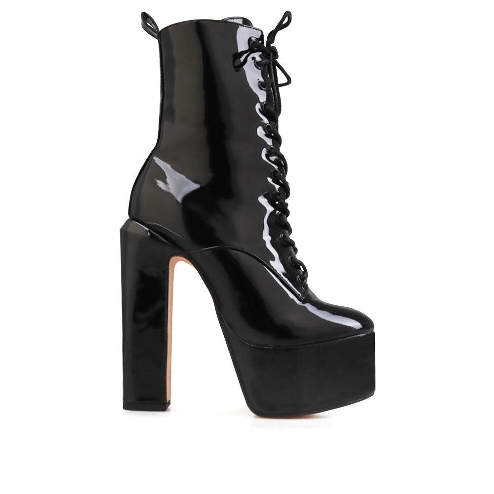 Vegan leather women's block heel with lace front in black-side view