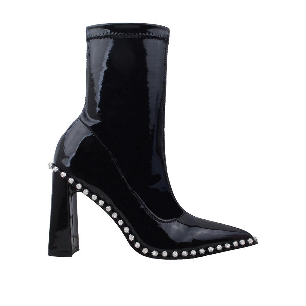 Black colored ankle boot with block heels and side zipper clasp