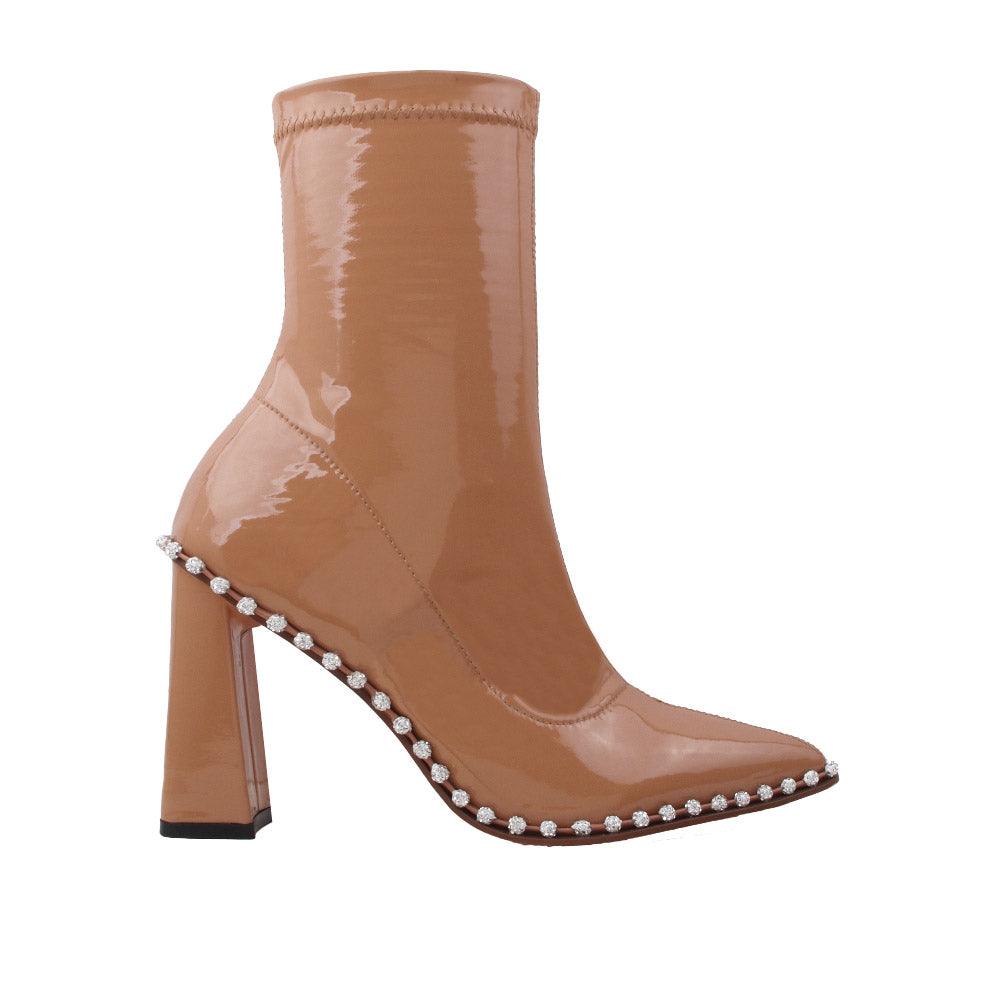 Block heel ankle boots with pointed toe and slip on design in nude color