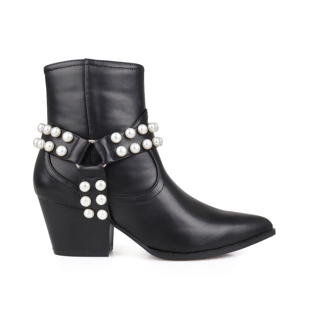 Black heels with bead embellished ankle and pointed toe
