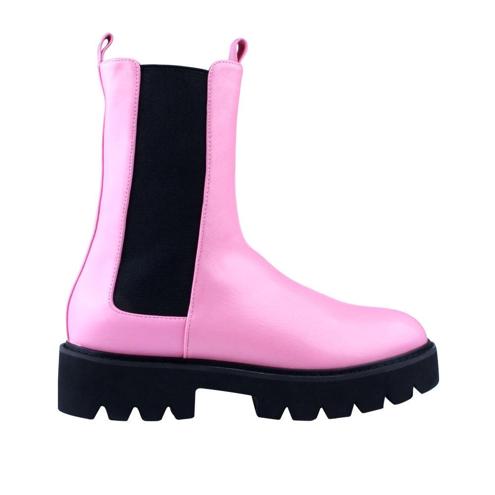Pink and black colored ankle high boots with slip on style