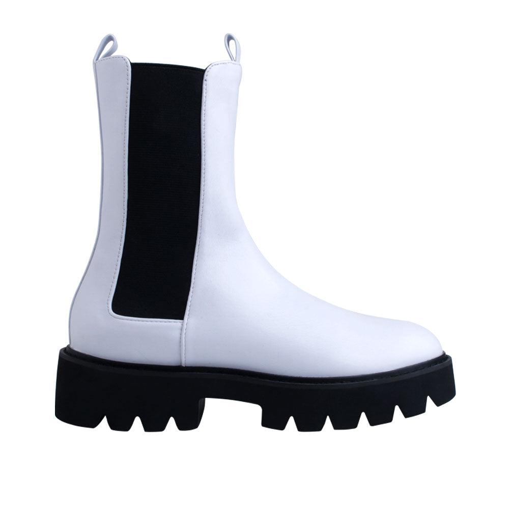 White and black colored ankle high boots with slip on style