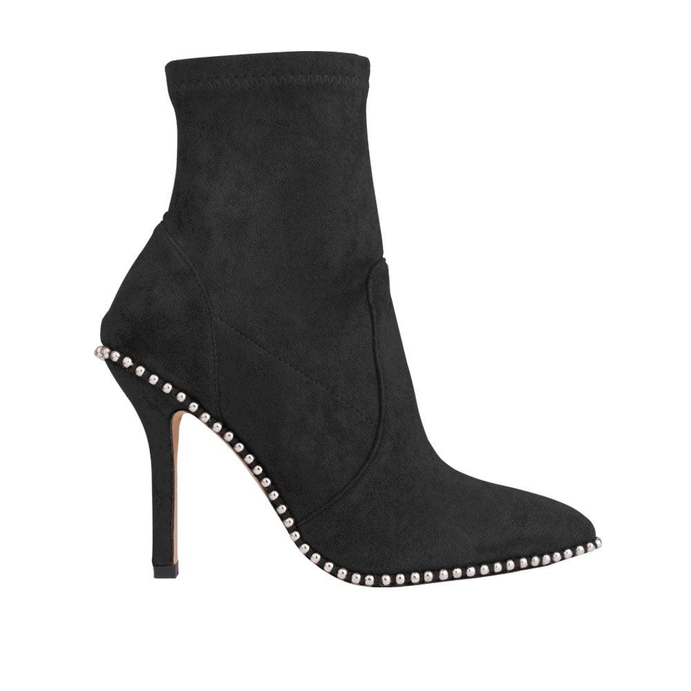 Black ankle high boot with stiletto heel, gem embellished side, pointed toe and side zipper clasp