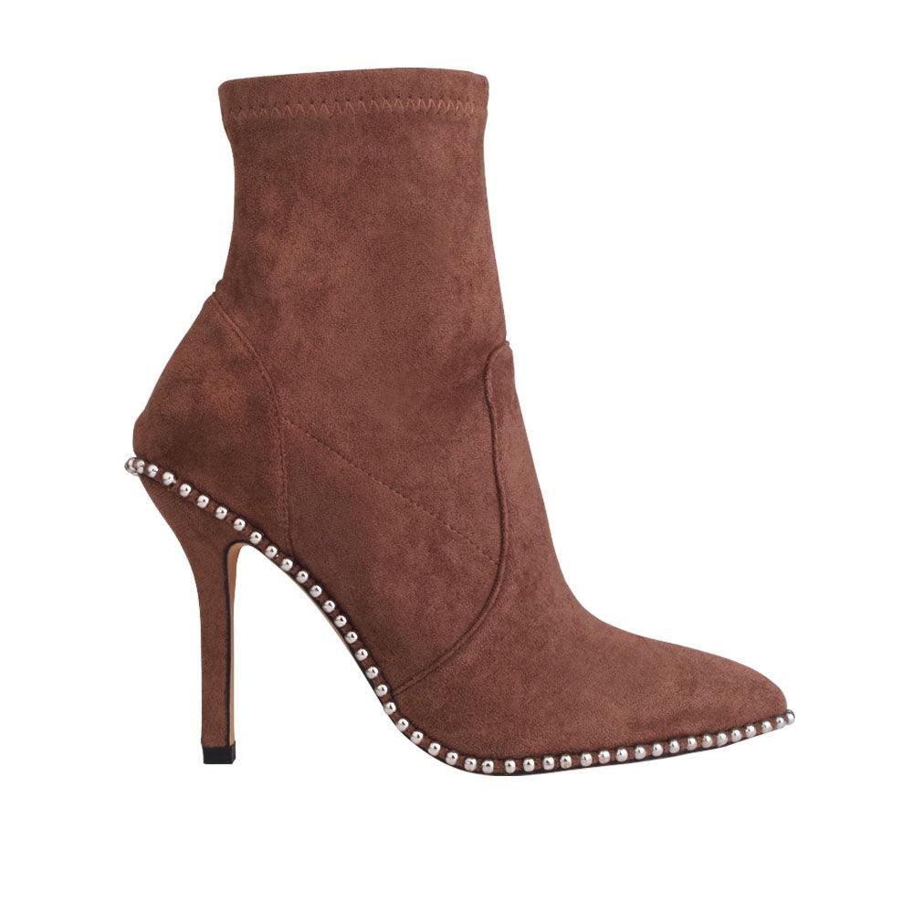 Ankle-high boot with stiletto heel, gem-encrusted side, pointed toe, and side zipper clasp in chocolate color.
