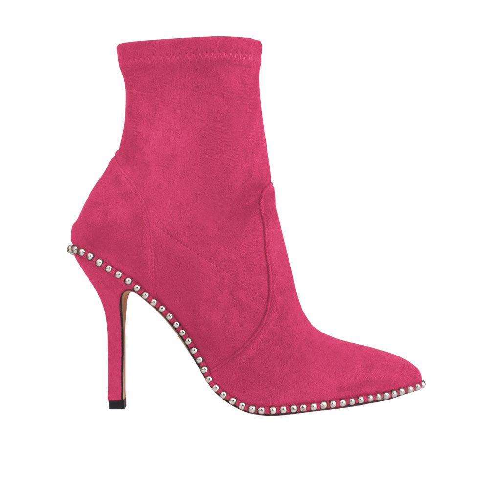 Ankle high boot in fuchsia color with stiletto heel, gem embellished side, pointed toe and side zipper clasp