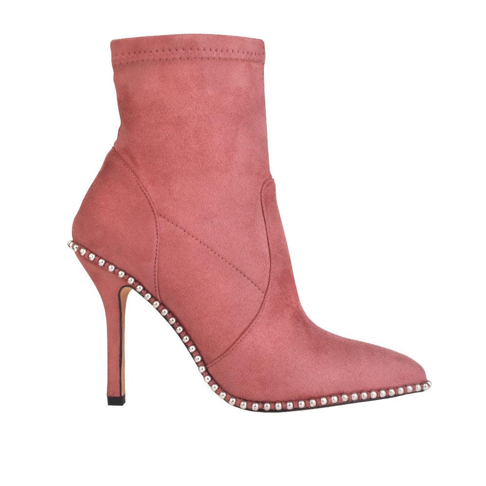 Mauve ankle-high boot with stiletto heel, gem-encrusted side, pointed toe, and side zipper clasp.