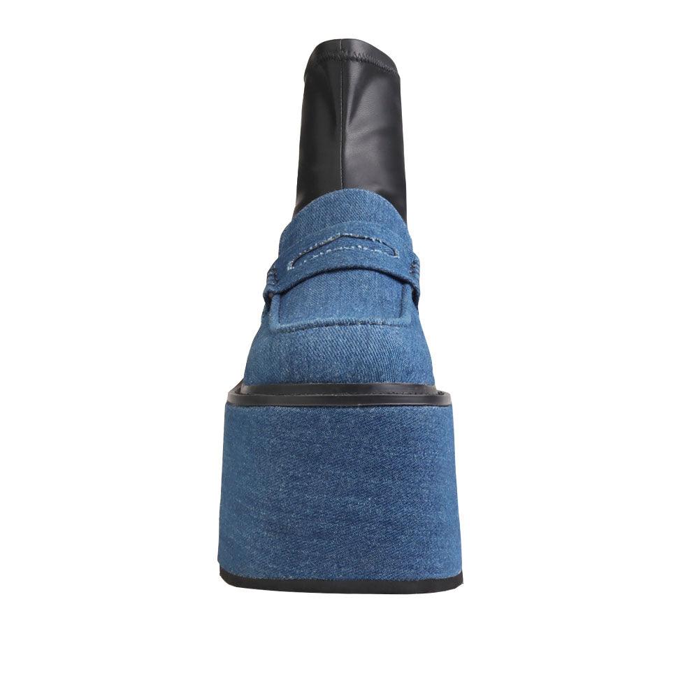 Black denim women's platform booties-front view