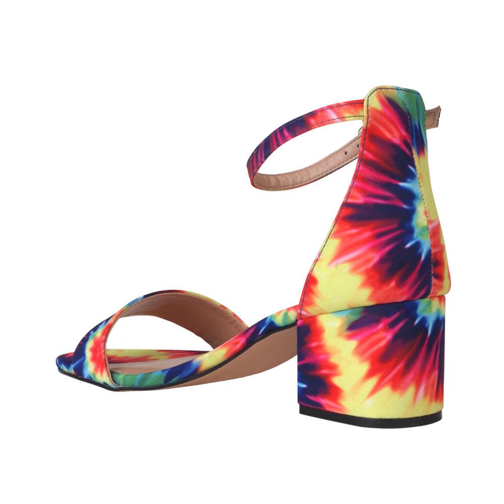 Tie dye heel flats with an ankle buckle closure and strap-posterior view