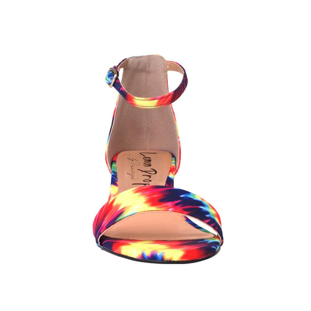 Tie dye heel flats with an ankle buckle closure and strap-front view