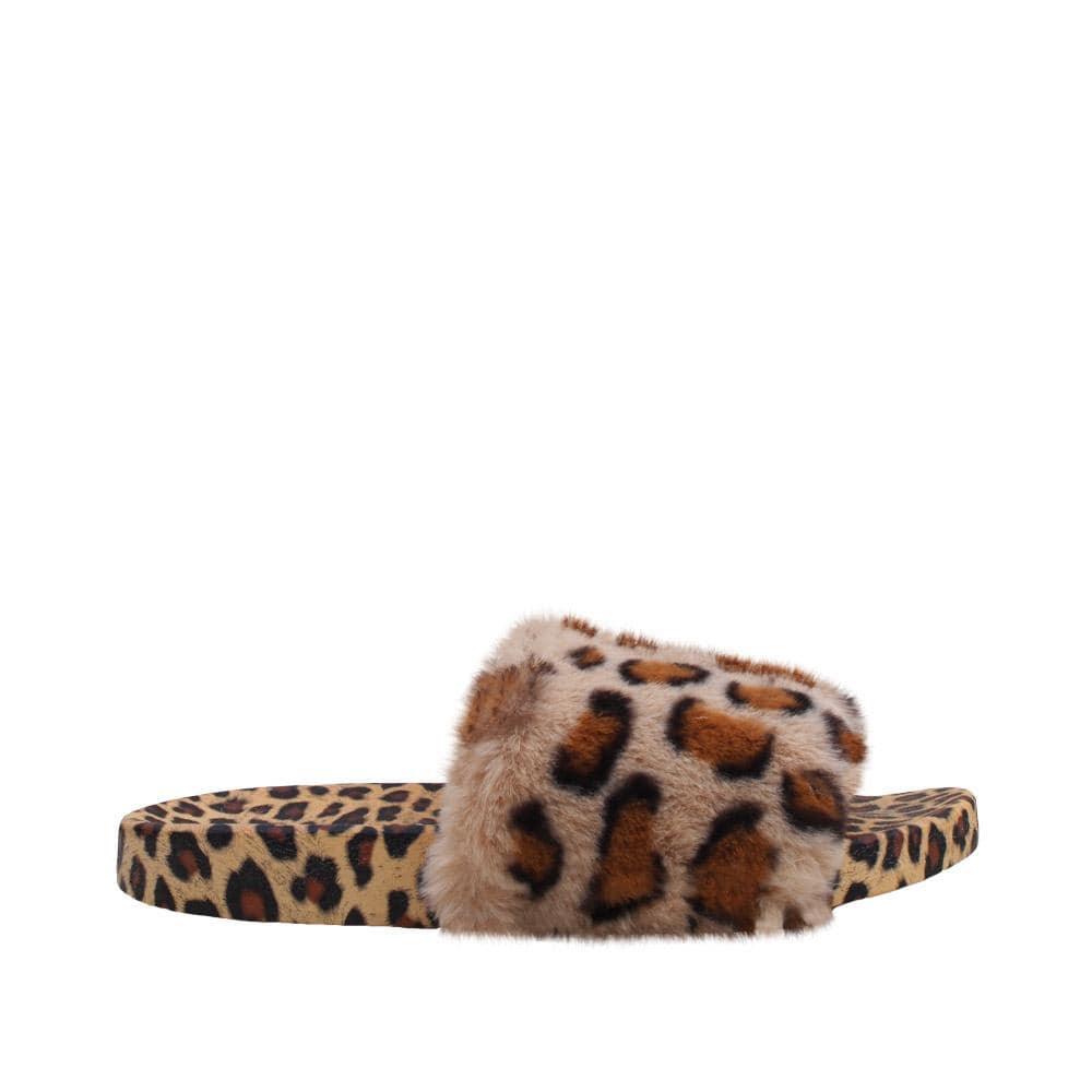 Slippers with a tan-leopard design with a faux fur top and an open front.