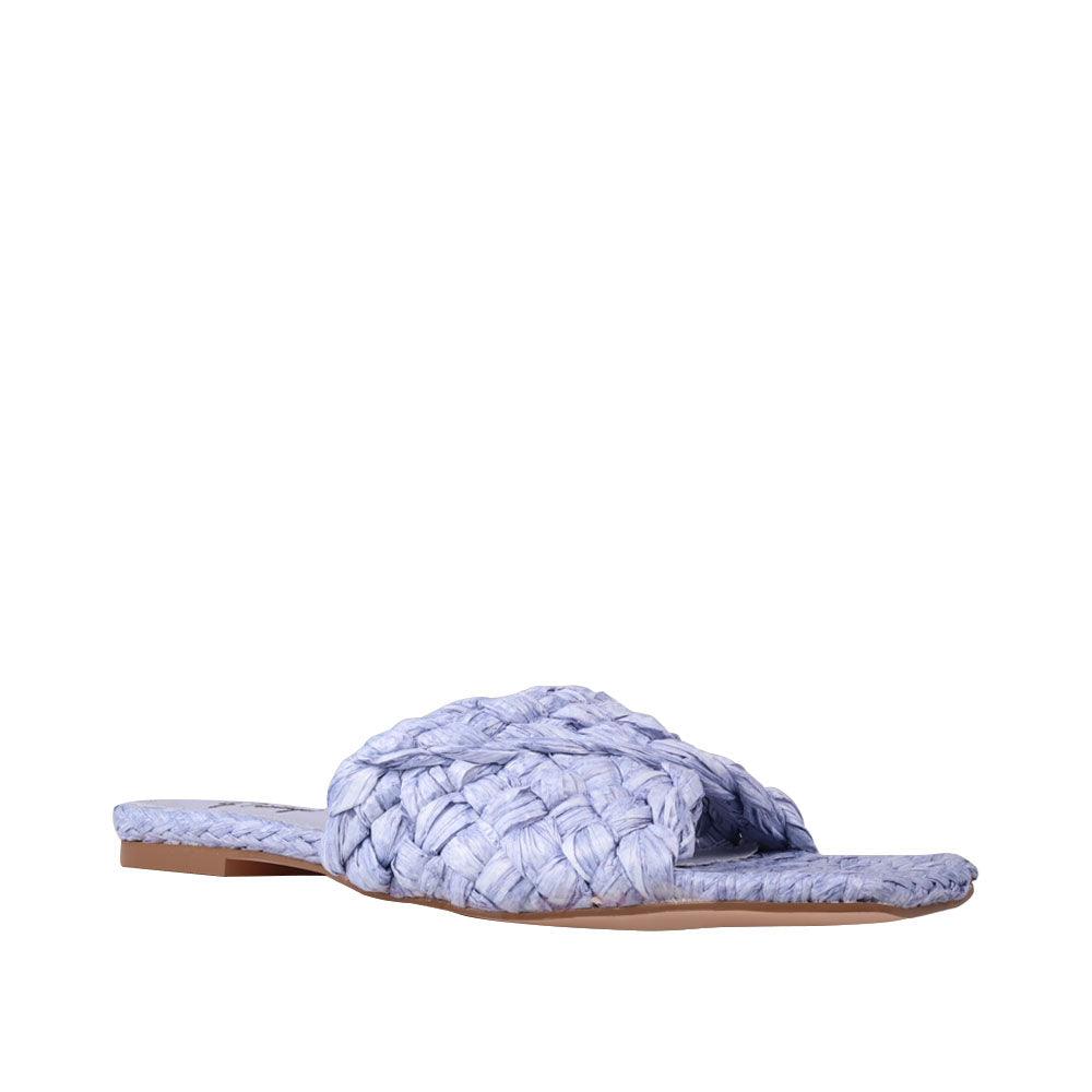 Blue-colored woven straw flat slippers for women-corner view