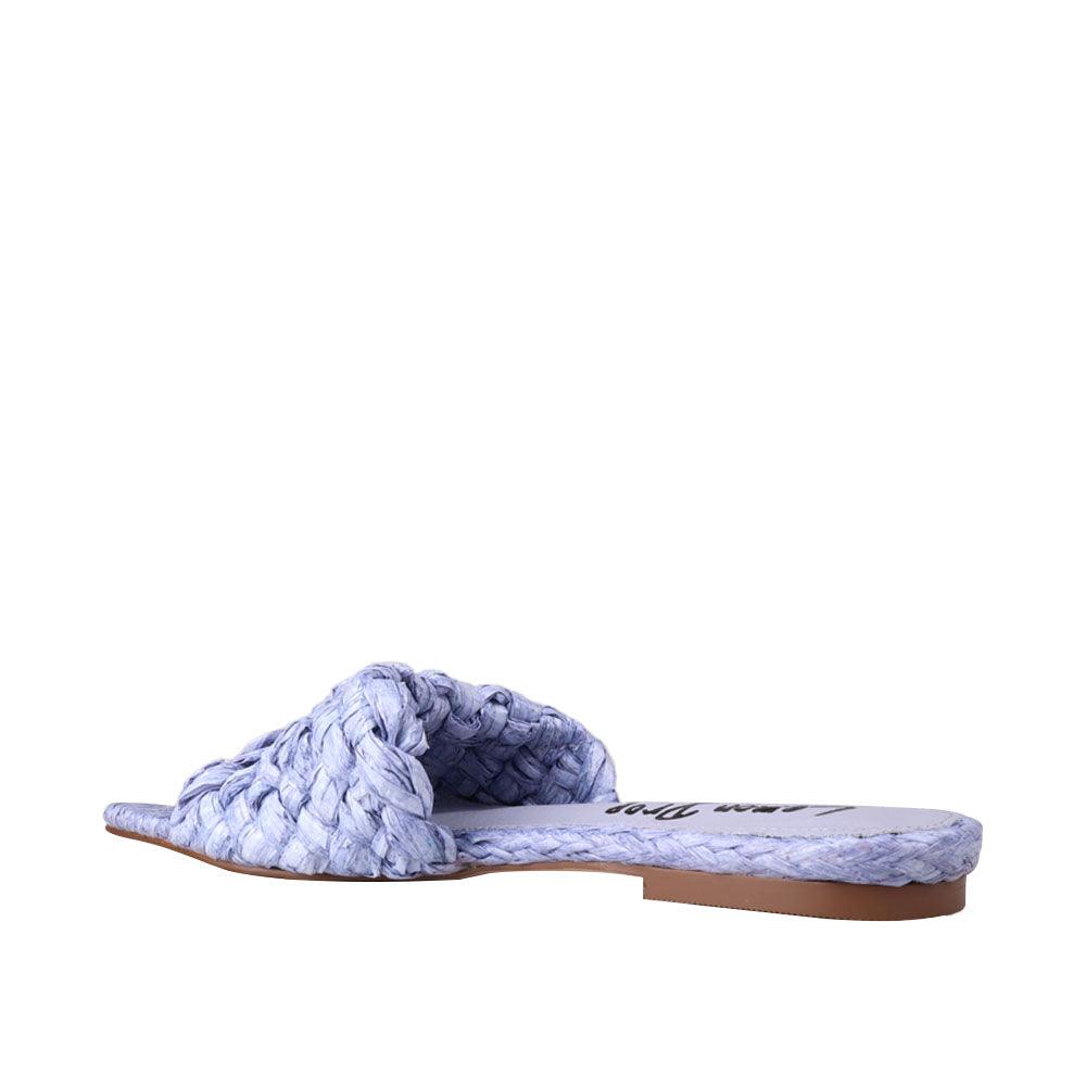 Blue-colored woven straw flat slippers for women-posterior view