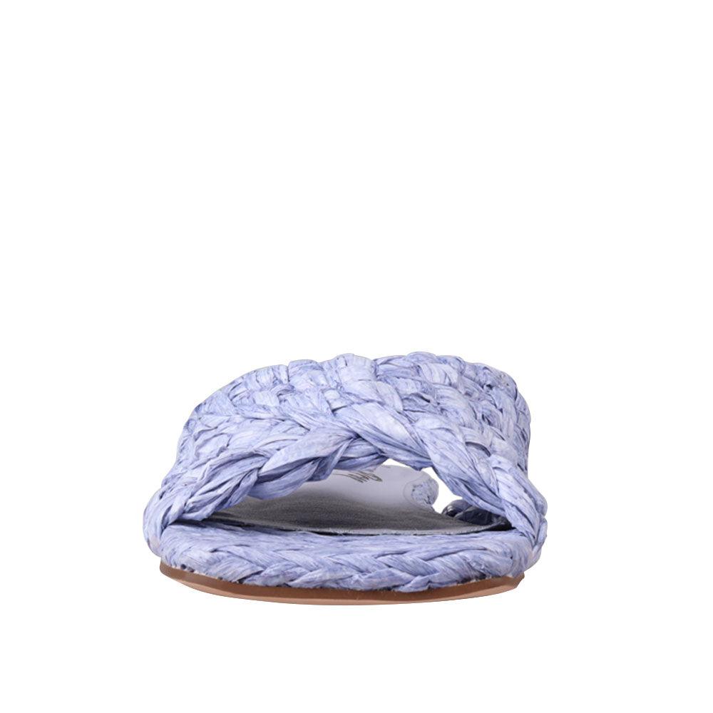 Blue-colored woven straw flat slippers for women-front view