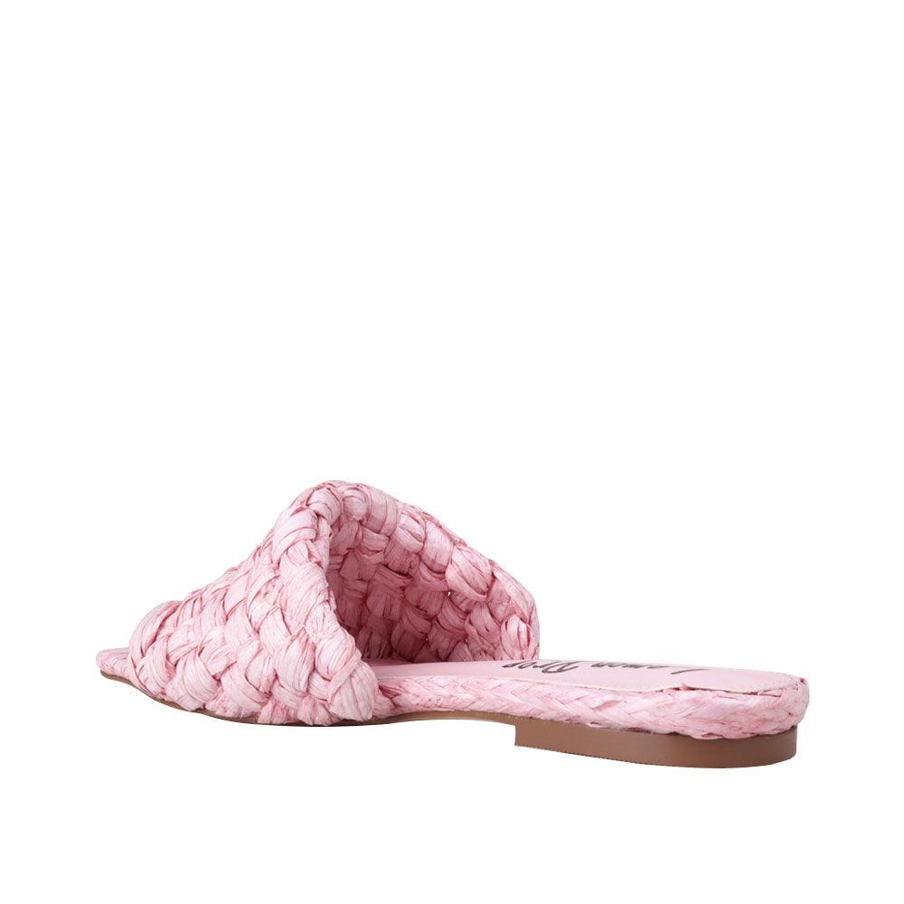 Women's pink-colored woven straw flat slippers-posterior view