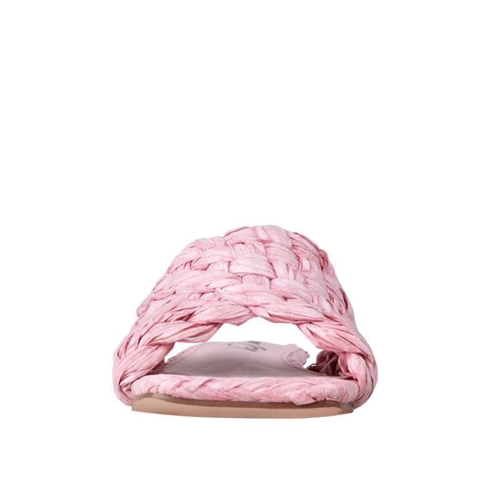 Women's pink-colored woven straw flat slippers-front view