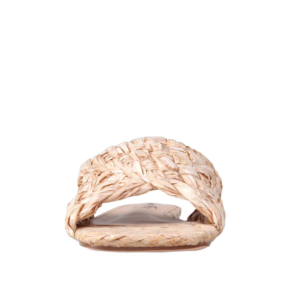 Nude-colored women's woven straw flat slippers--front view