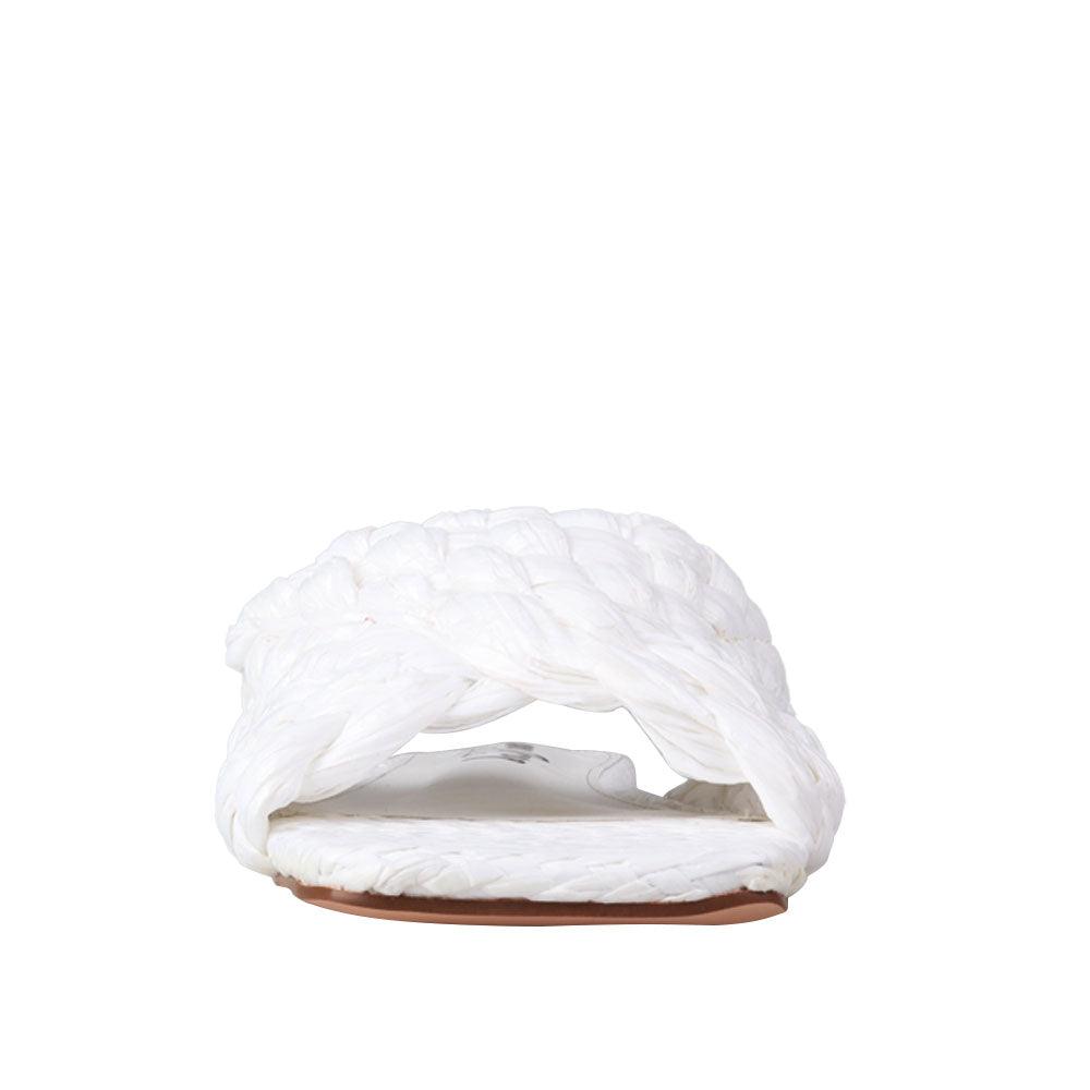 Women's woven straw flat slippers in a white-color-front view